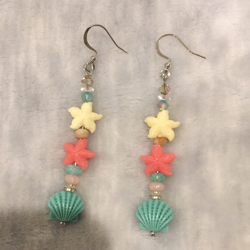 Handcrafted Starfish and Shell Beach Dangle Earrings Swarovski Crystal NWT - Picture 2 of 8